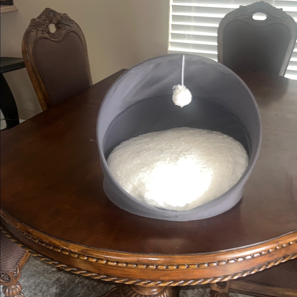 Gray Cat of small dog Cave Bed with White Plush Cushion